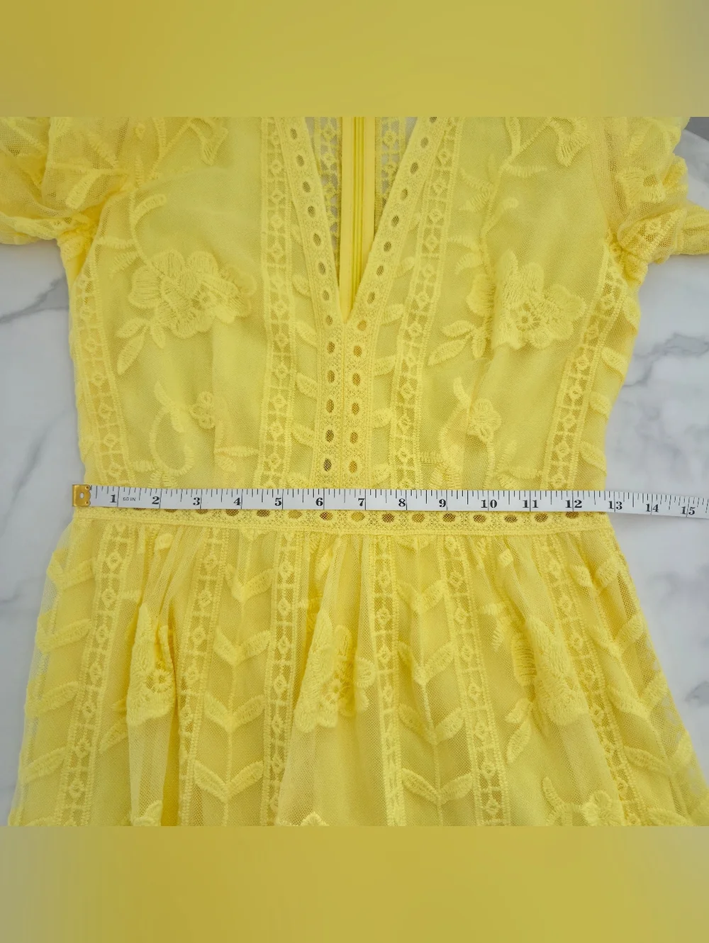 Socialite Yellow Floral Lace V-Neck Mini Dress Size Small - Picture 15 of 16